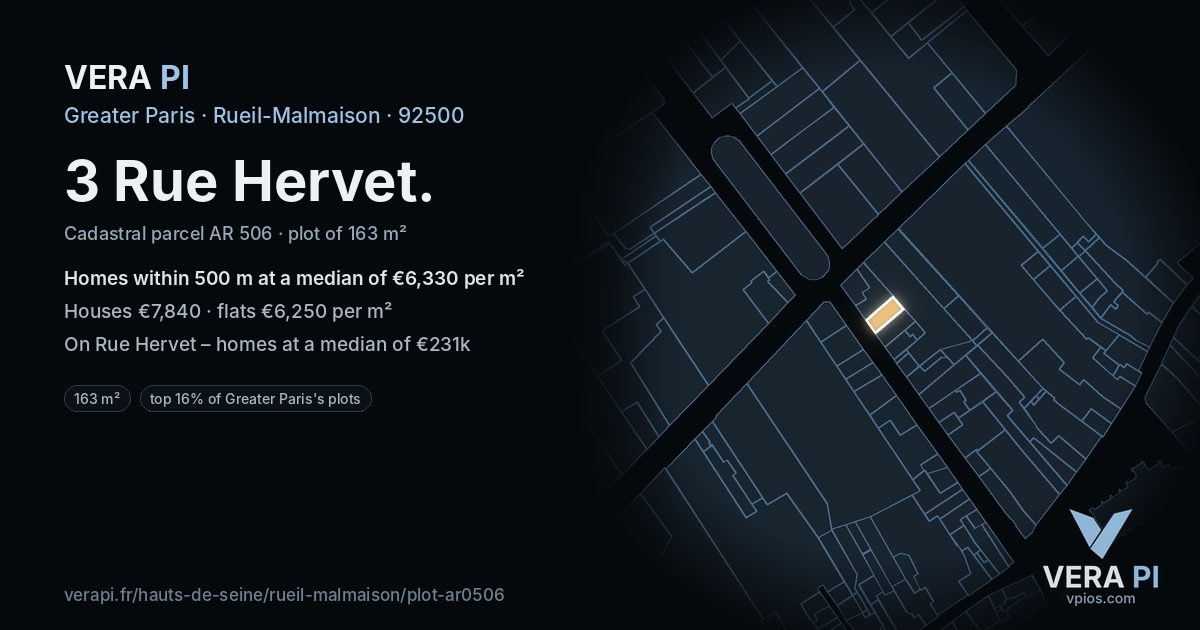 3 Rue Hervet, Rueil-Malmaison at night – the plot lit, the parcels around coloured by the prices near them
