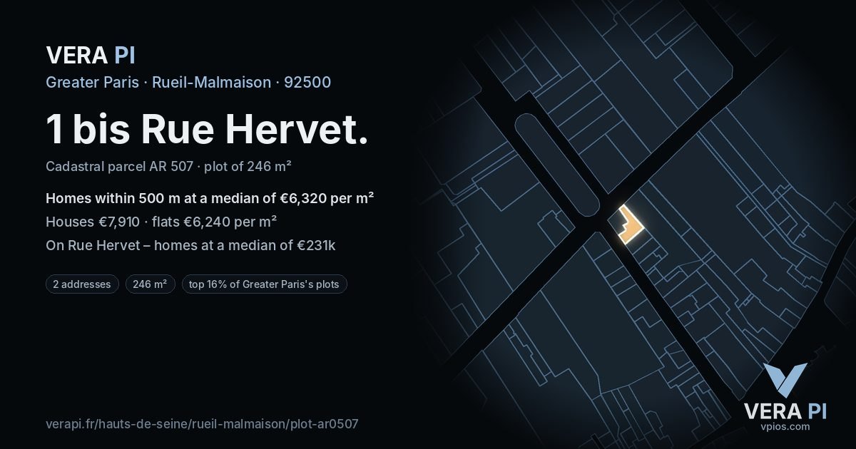 1 bis Rue Hervet, Rueil-Malmaison at night – the plot lit, the parcels around coloured by the prices near them