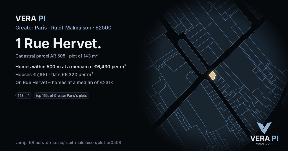 1 Rue Hervet, Rueil-Malmaison at night – the plot lit, the parcels around coloured by the prices near them