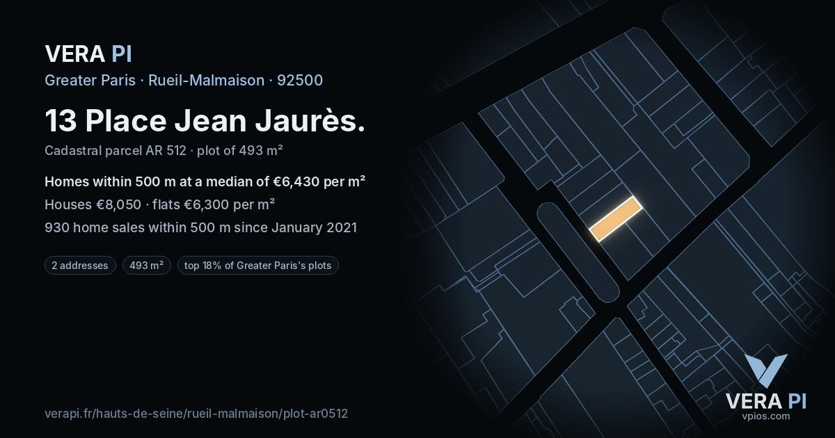 13 Place Jean Jaurès, Rueil-Malmaison at night – the plot lit, the parcels around coloured by the prices near them
