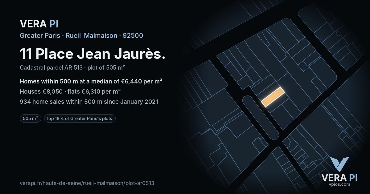 11 Place Jean Jaurès, Rueil-Malmaison at night – the plot lit, the parcels around coloured by the prices near them