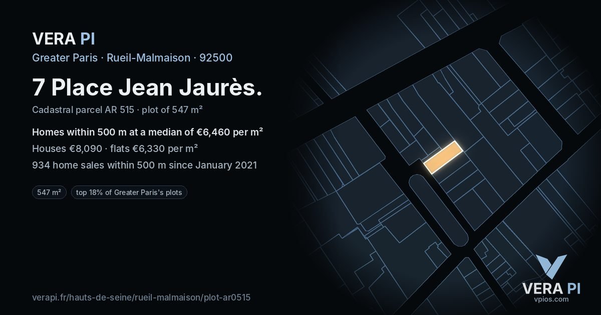 7 Place Jean Jaurès, Rueil-Malmaison at night – the plot lit, the parcels around coloured by the prices near them