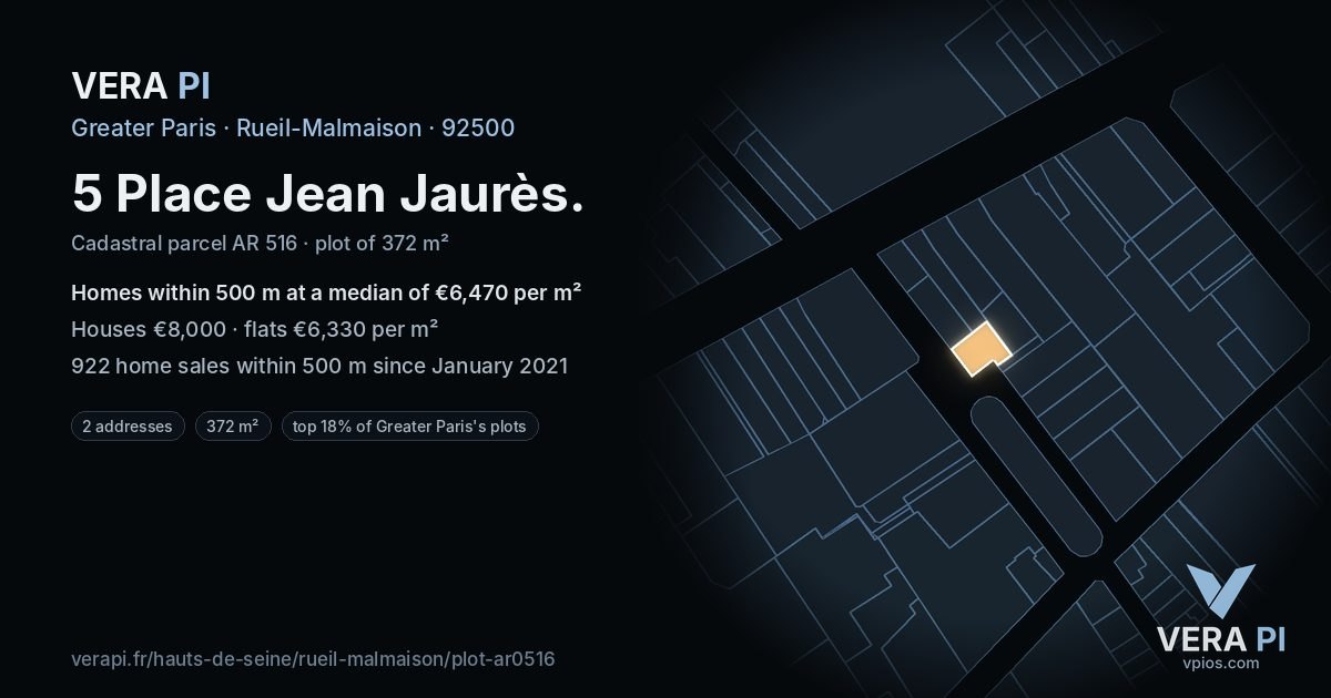 5 Place Jean Jaurès, Rueil-Malmaison at night – the plot lit, the parcels around coloured by the prices near them