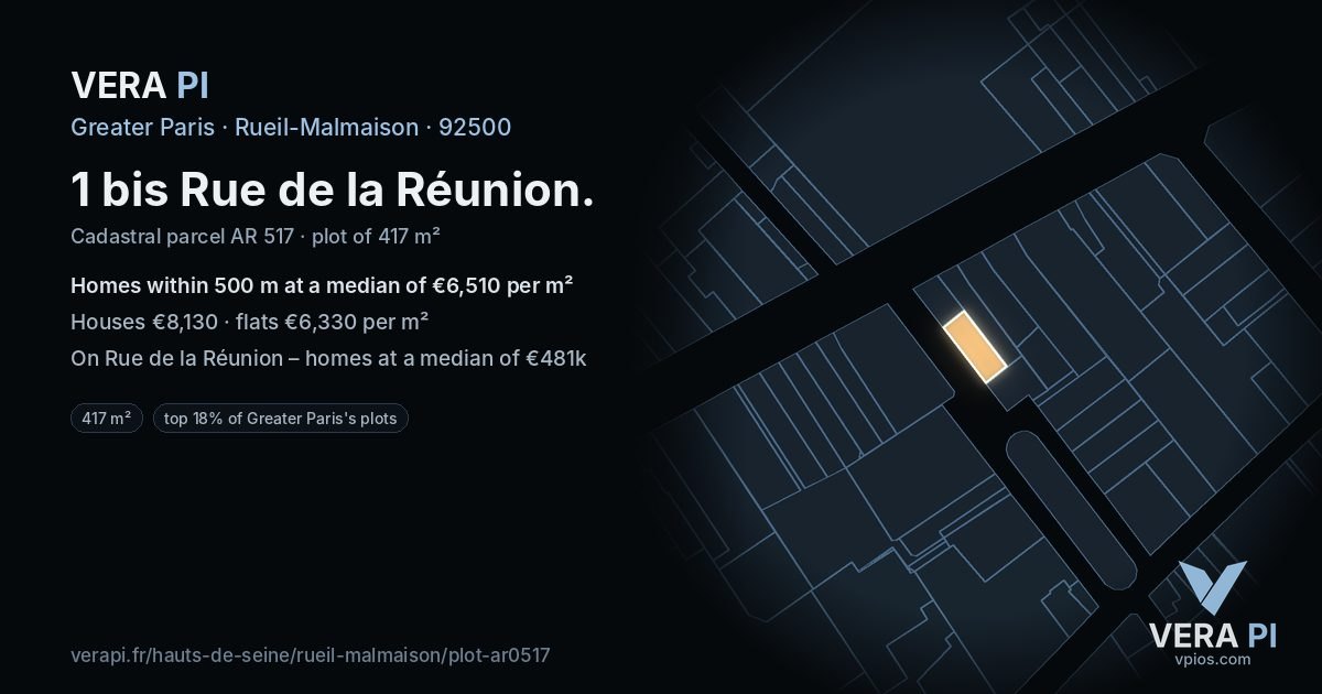 1 bis Rue de la Réunion, Rueil-Malmaison at night – the plot lit, the parcels around coloured by the prices near them