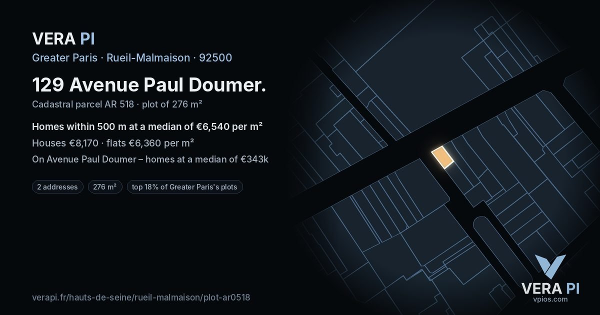 129 Avenue Paul Doumer, Rueil-Malmaison at night – the plot lit, the parcels around coloured by the prices near them