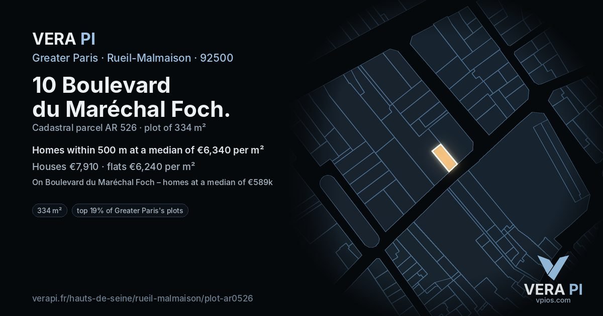 10 Boulevard du Maréchal Foch, Rueil-Malmaison at night – the plot lit, the parcels around coloured by the prices near them