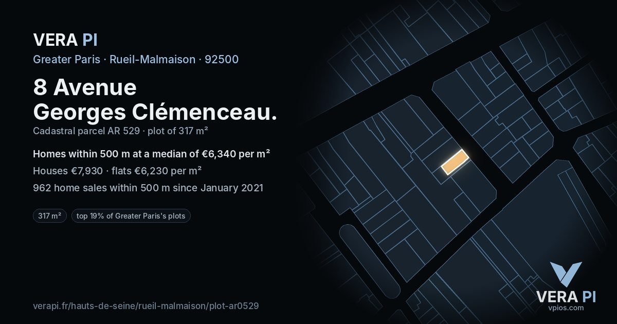 8 Avenue Georges Clémenceau, Rueil-Malmaison at night – the plot lit, the parcels around coloured by the prices near them