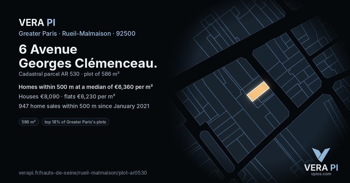 6 Avenue Georges Clémenceau, Rueil-Malmaison at night – the plot lit, the parcels around coloured by the prices near them