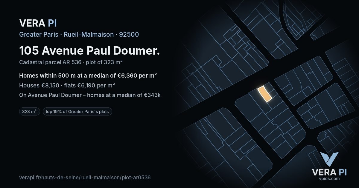 105 Avenue Paul Doumer, Rueil-Malmaison at night – the plot lit, the parcels around coloured by the prices near them