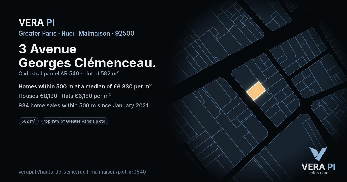 3 Avenue Georges Clémenceau, Rueil-Malmaison at night – the plot lit, the parcels around coloured by the prices near them