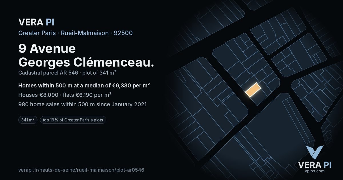 9 Avenue Georges Clémenceau, Rueil-Malmaison at night – the plot lit, the parcels around coloured by the prices near them