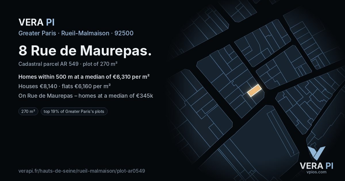 8 Rue de Maurepas, Rueil-Malmaison at night – the plot lit, the parcels around coloured by the prices near them