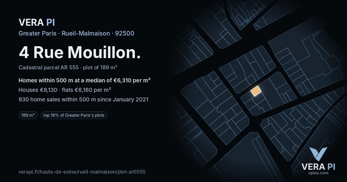 4 Rue Mouillon, Rueil-Malmaison at night – the plot lit, the parcels around coloured by the prices near them
