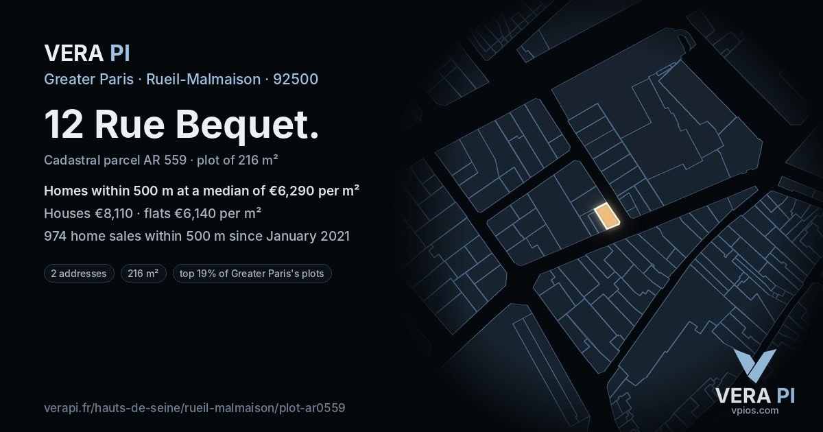 12 Rue Bequet, Rueil-Malmaison at night – the plot lit, the parcels around coloured by the prices near them
