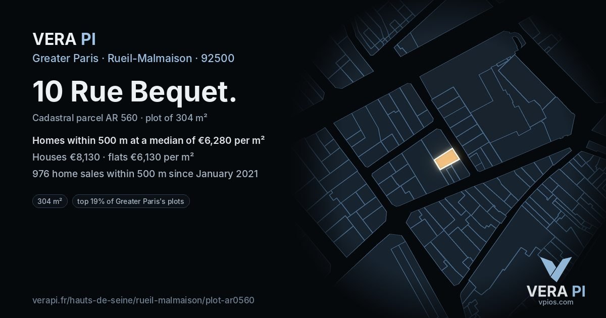 10 Rue Bequet, Rueil-Malmaison at night – the plot lit, the parcels around coloured by the prices near them
