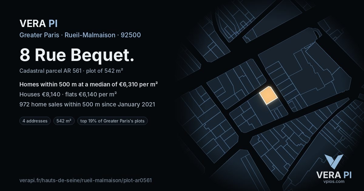 8 Rue Bequet, Rueil-Malmaison at night – the plot lit, the parcels around coloured by the prices near them
