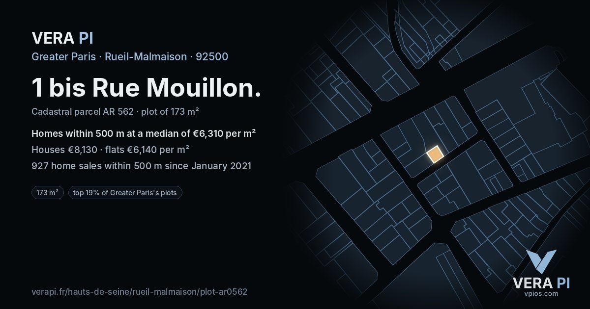 1 bis Rue Mouillon, Rueil-Malmaison at night – the plot lit, the parcels around coloured by the prices near them
