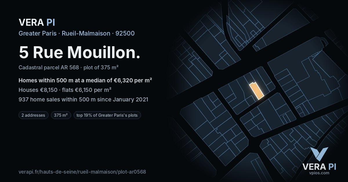 5 Rue Mouillon, Rueil-Malmaison at night – the plot lit, the parcels around coloured by the prices near them