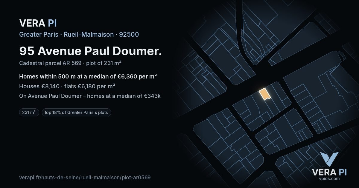 95 Avenue Paul Doumer, Rueil-Malmaison at night – the plot lit, the parcels around coloured by the prices near them