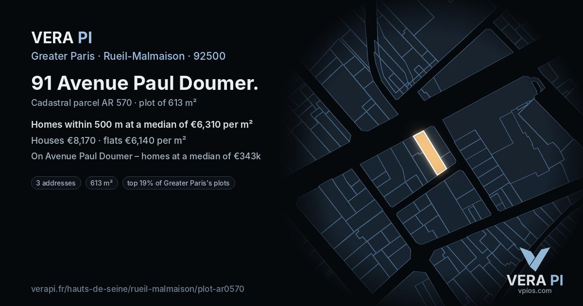 91 Avenue Paul Doumer, Rueil-Malmaison at night – the plot lit, the parcels around coloured by the prices near them