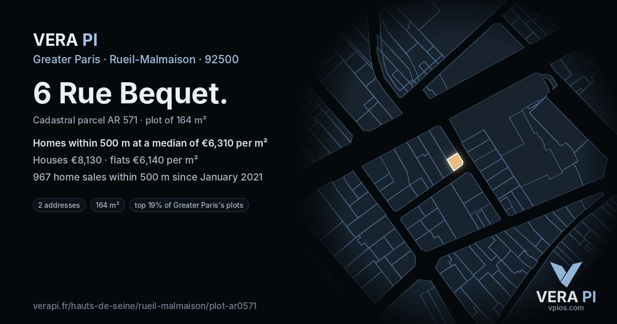 6 Rue Bequet, Rueil-Malmaison at night – the plot lit, the parcels around coloured by the prices near them