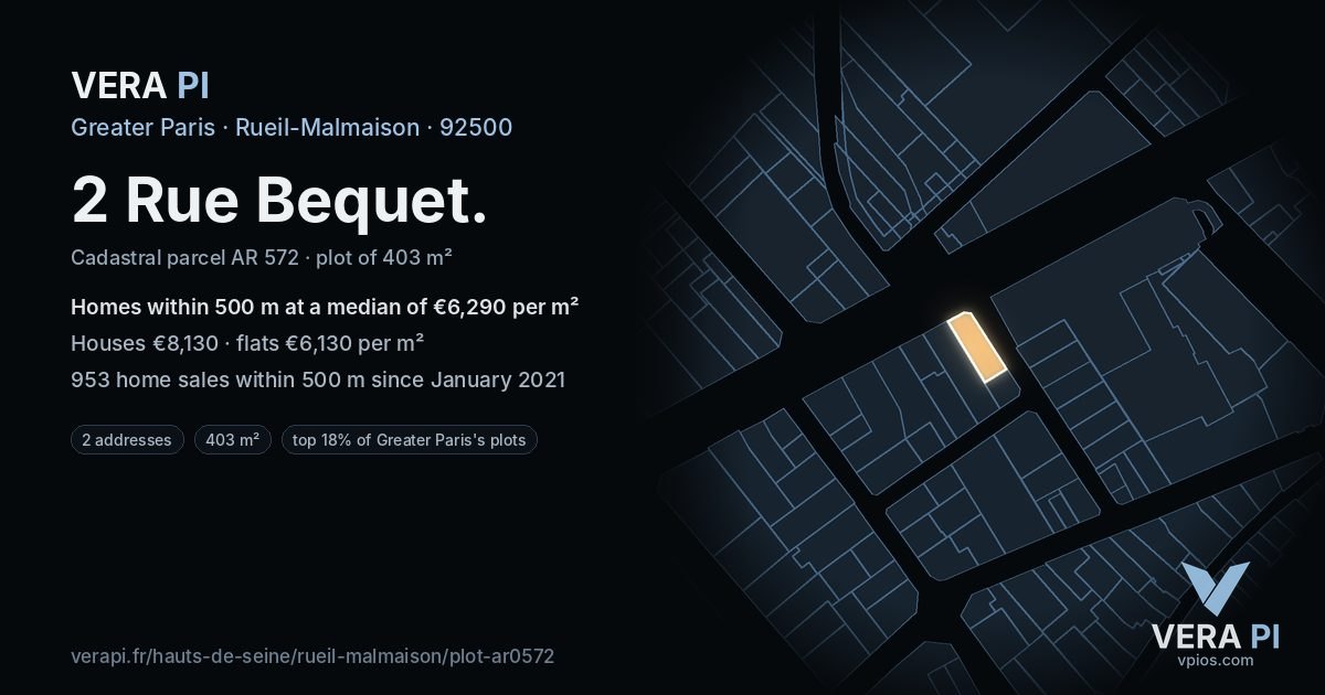2 Rue Bequet, Rueil-Malmaison at night – the plot lit, the parcels around coloured by the prices near them