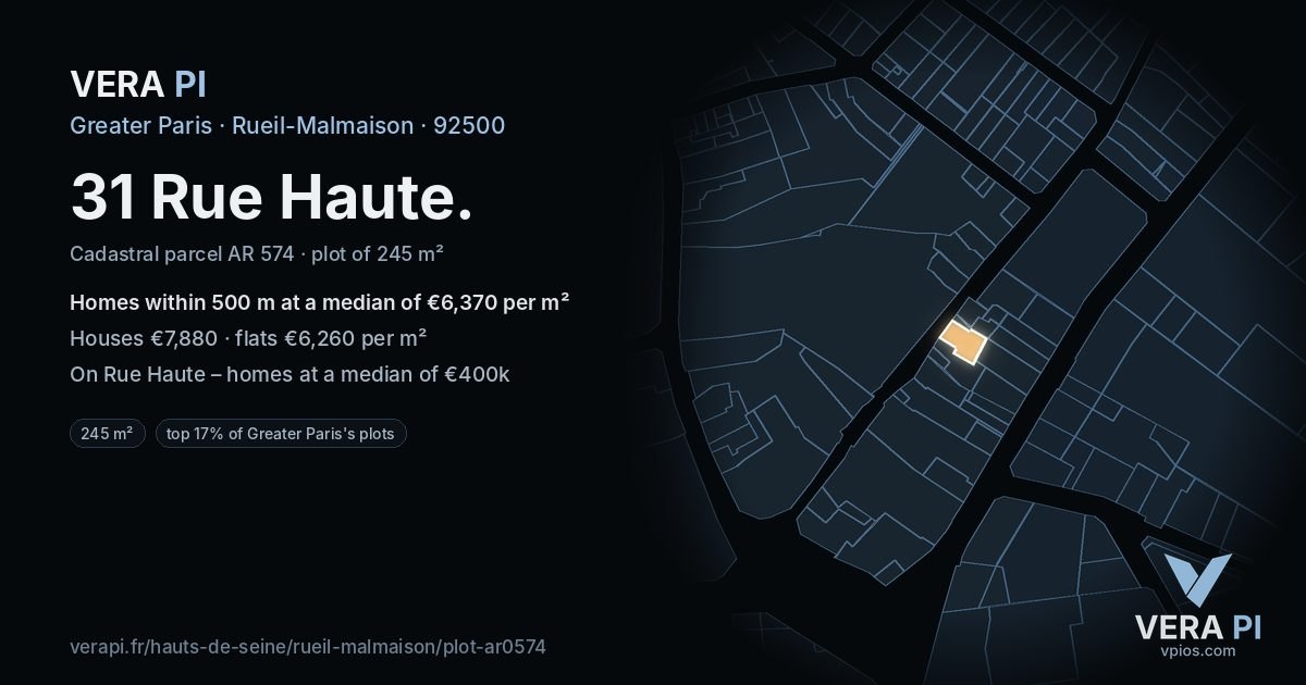 31 Rue Haute, Rueil-Malmaison at night – the plot lit, the parcels around coloured by the prices near them