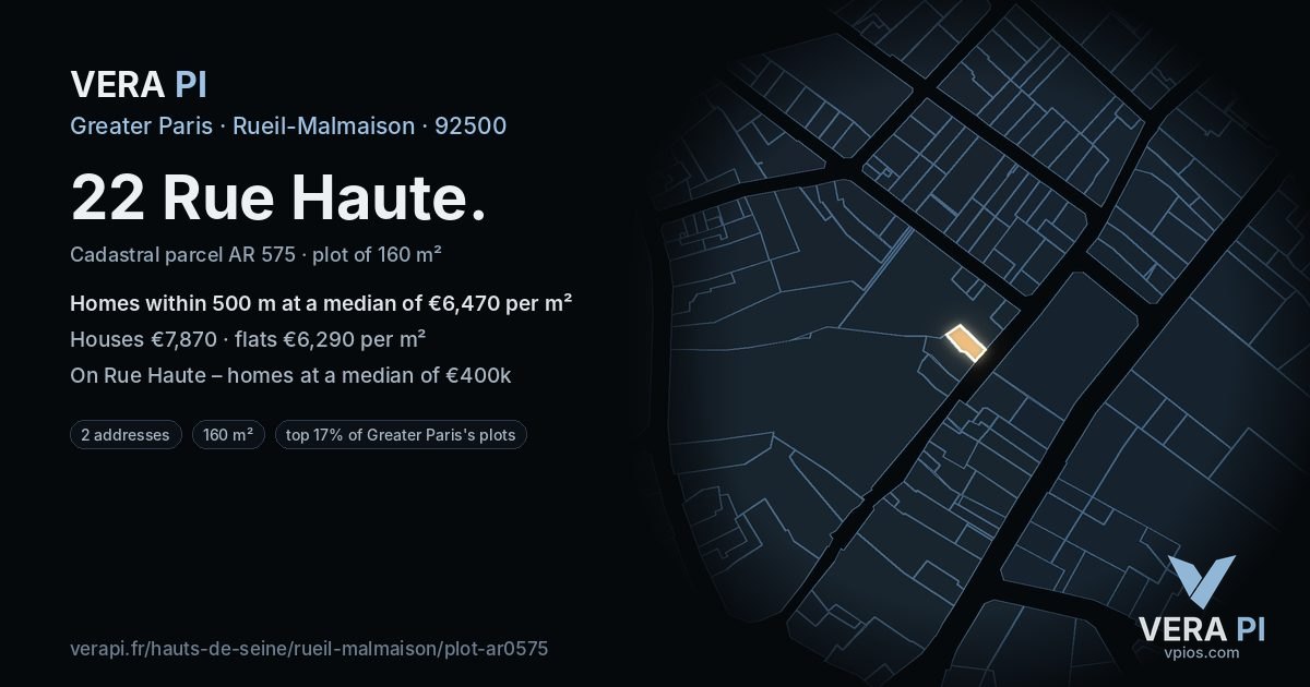 22 Rue Haute, Rueil-Malmaison at night – the plot lit, the parcels around coloured by the prices near them