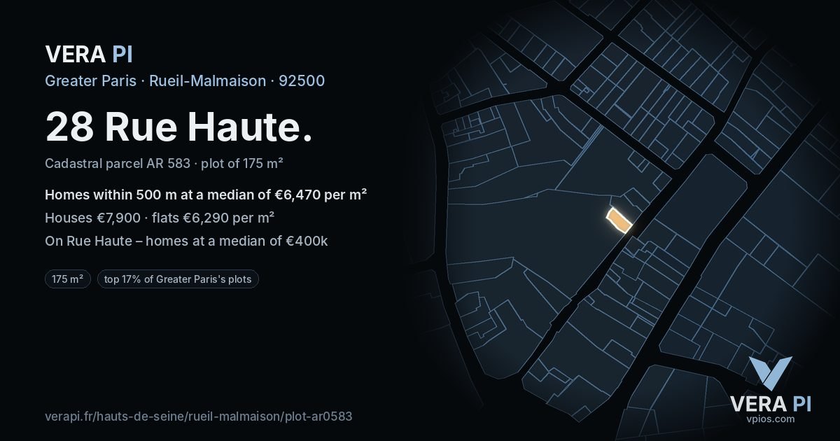 28 Rue Haute, Rueil-Malmaison at night – the plot lit, the parcels around coloured by the prices near them