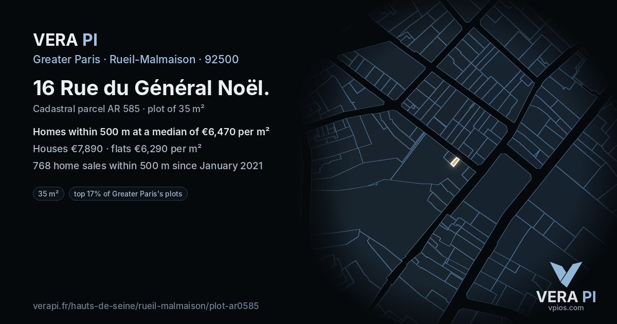 16 Rue du Général Noël, Rueil-Malmaison at night – the plot lit, the parcels around coloured by the prices near them