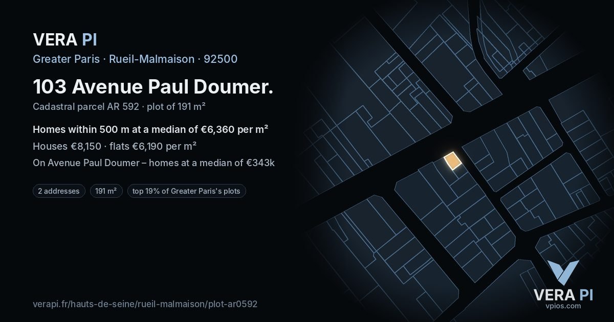 103 Avenue Paul Doumer, Rueil-Malmaison at night – the plot lit, the parcels around coloured by the prices near them
