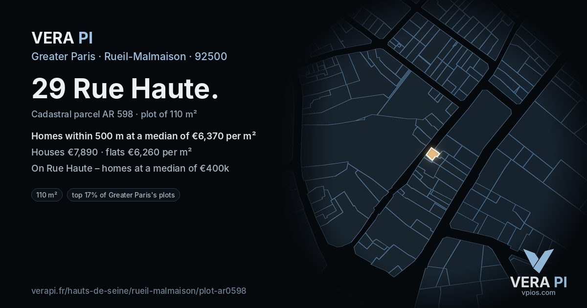 29 Rue Haute, Rueil-Malmaison at night – the plot lit, the parcels around coloured by the prices near them
