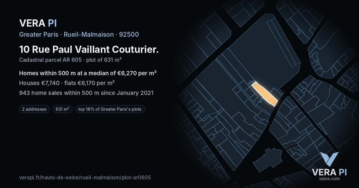 10 Rue Paul Vaillant Couturier, Rueil-Malmaison at night – the plot lit, the parcels around coloured by the prices near them