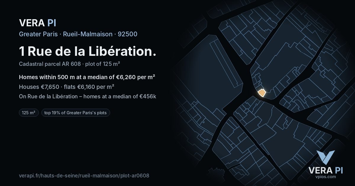 1 Rue de la Libération, Rueil-Malmaison at night – the plot lit, the parcels around coloured by the prices near them