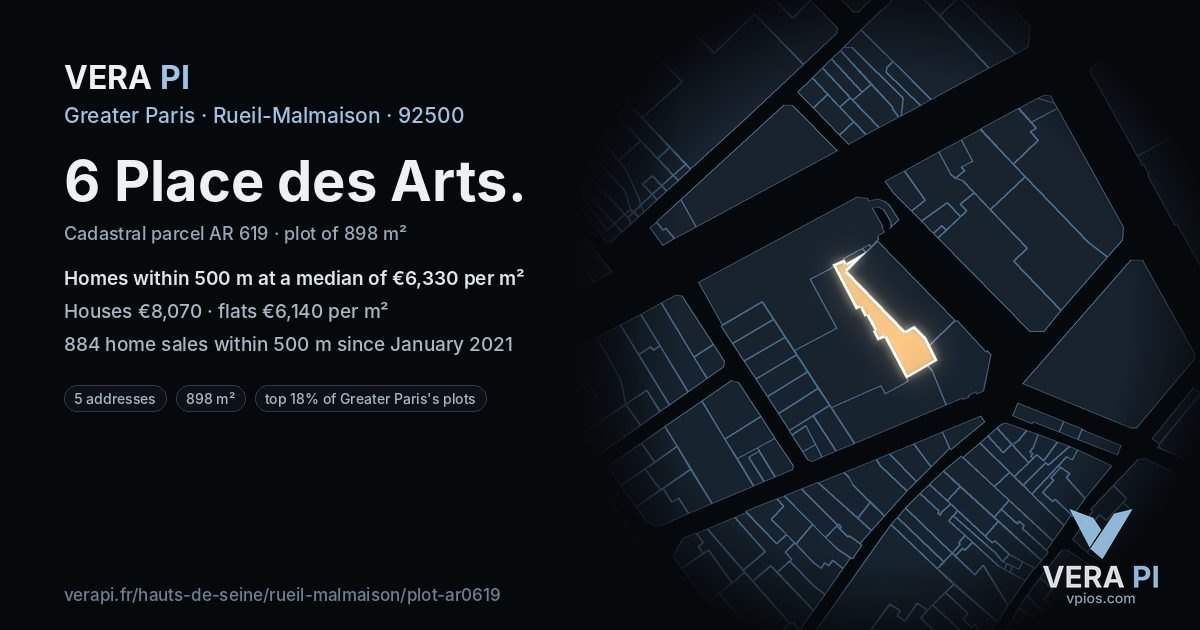 6 Place des Arts, Rueil-Malmaison at night – the plot lit, the parcels around coloured by the prices near them