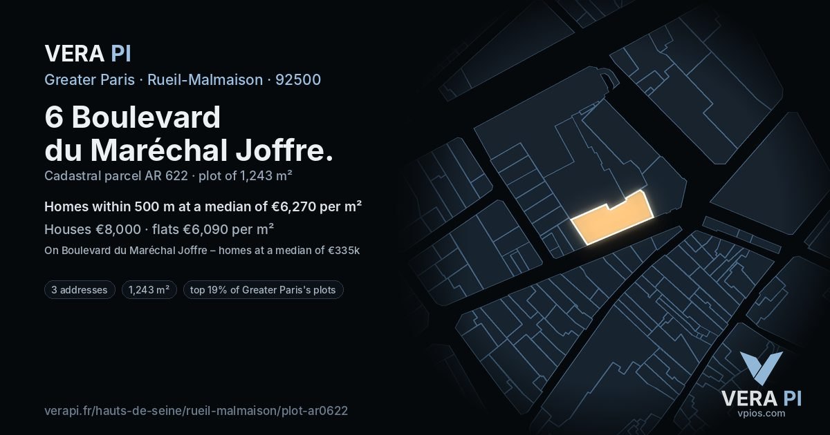 6 Boulevard du Maréchal Joffre, Rueil-Malmaison at night – the plot lit, the parcels around coloured by the prices near them