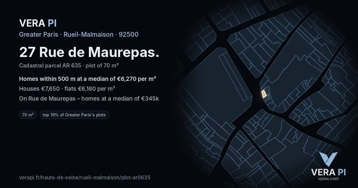27 Rue de Maurepas, Rueil-Malmaison at night – the plot lit, the parcels around coloured by the prices near them