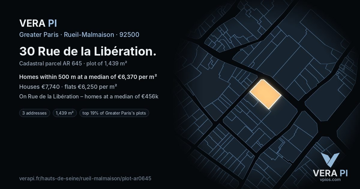 30 Rue de la Libération, Rueil-Malmaison at night – the plot lit, the parcels around coloured by the prices near them