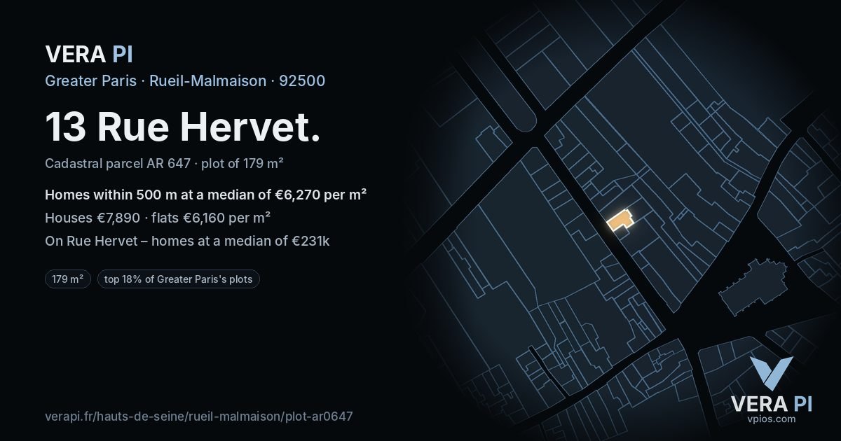 13 Rue Hervet, Rueil-Malmaison at night – the plot lit, the parcels around coloured by the prices near them