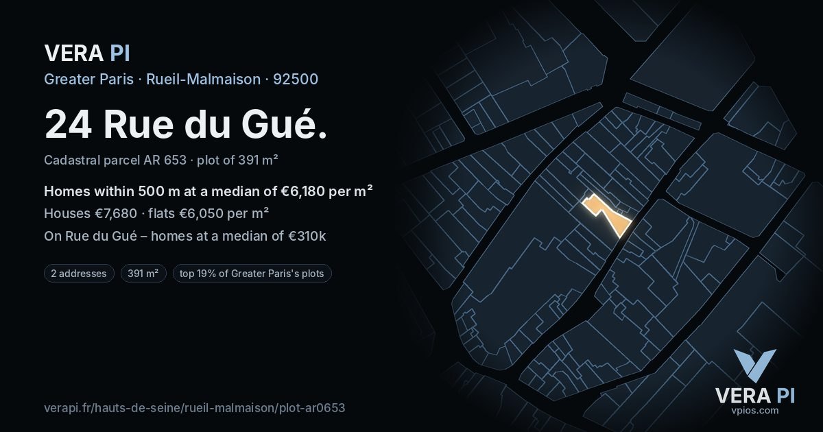 24 Rue du Gué, Rueil-Malmaison at night – the plot lit, the parcels around coloured by the prices near them