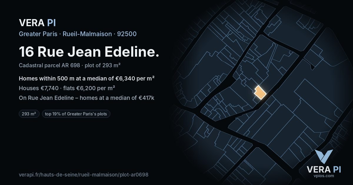 16 Rue Jean Edeline, Rueil-Malmaison at night – the plot lit, the parcels around coloured by the prices near them