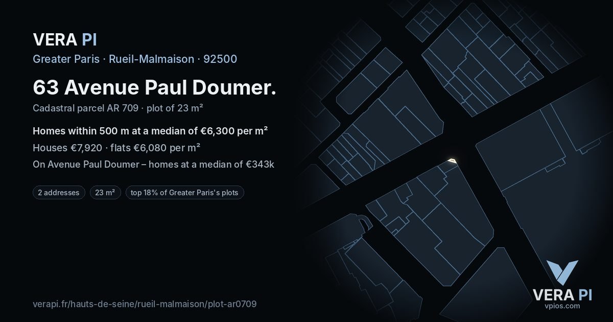 63 Avenue Paul Doumer, Rueil-Malmaison at night – the plot lit, the parcels around coloured by the prices near them