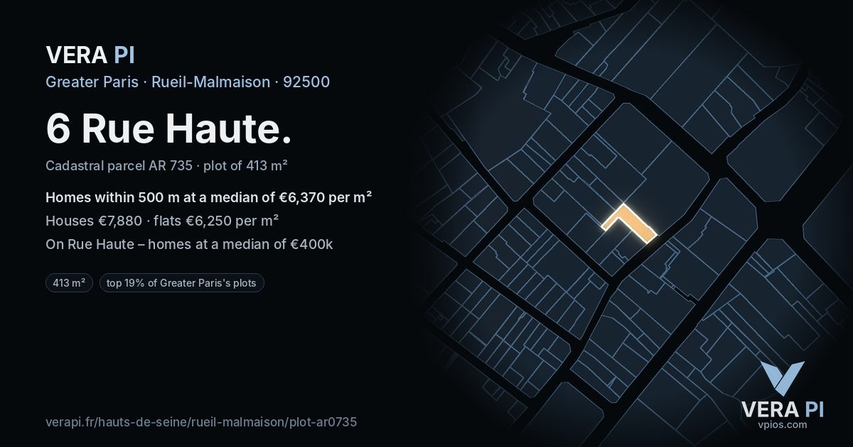 6 Rue Haute, Rueil-Malmaison at night – the plot lit, the parcels around coloured by the prices near them