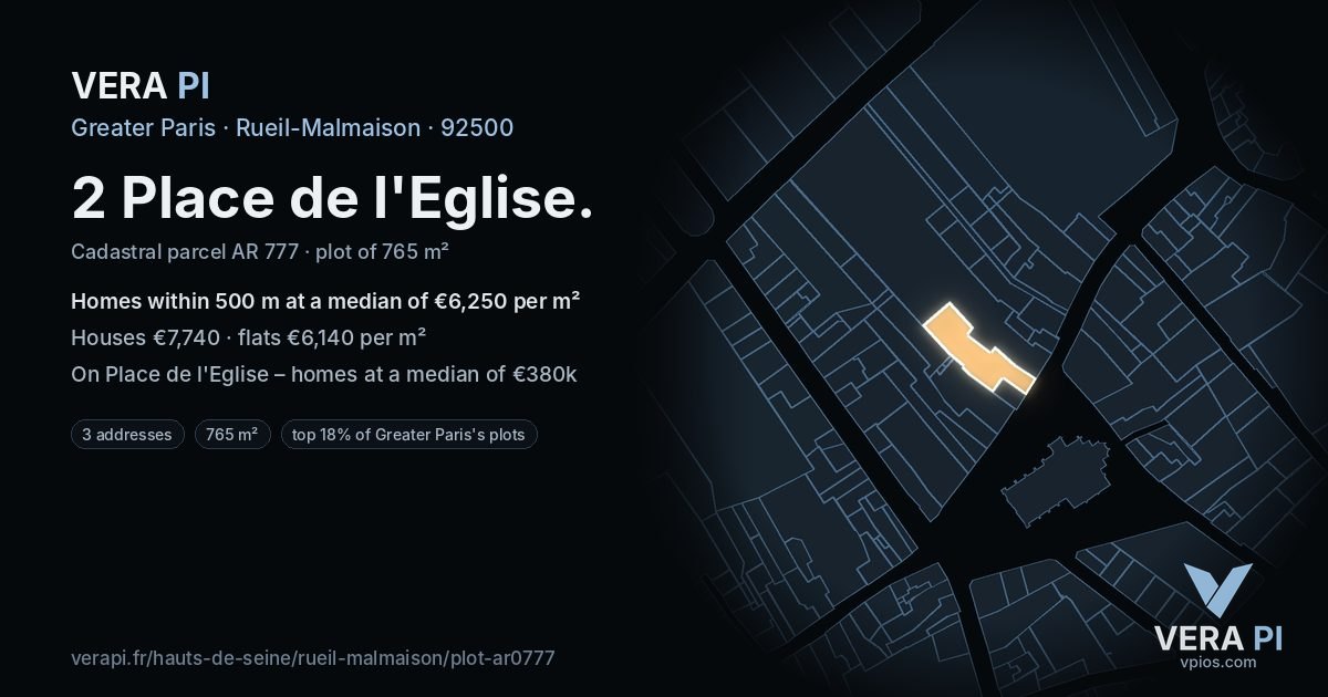 2 Place de l'Eglise, Rueil-Malmaison at night – the plot lit, the parcels around coloured by the prices near them