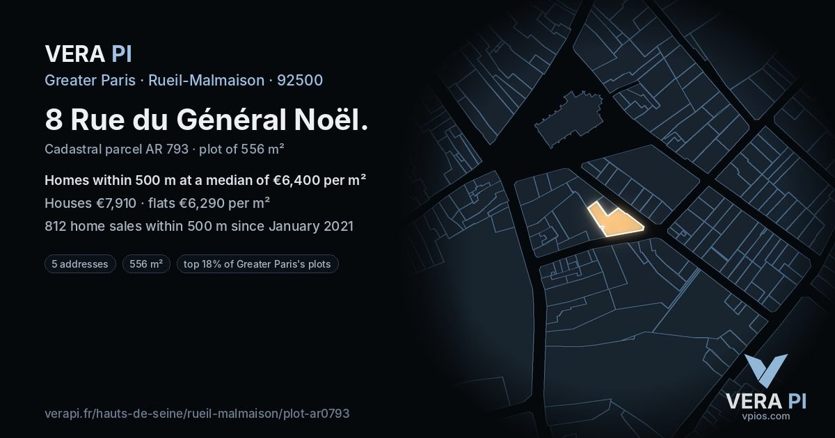 8 Rue du Général Noël, Rueil-Malmaison at night – the plot lit, the parcels around coloured by the prices near them