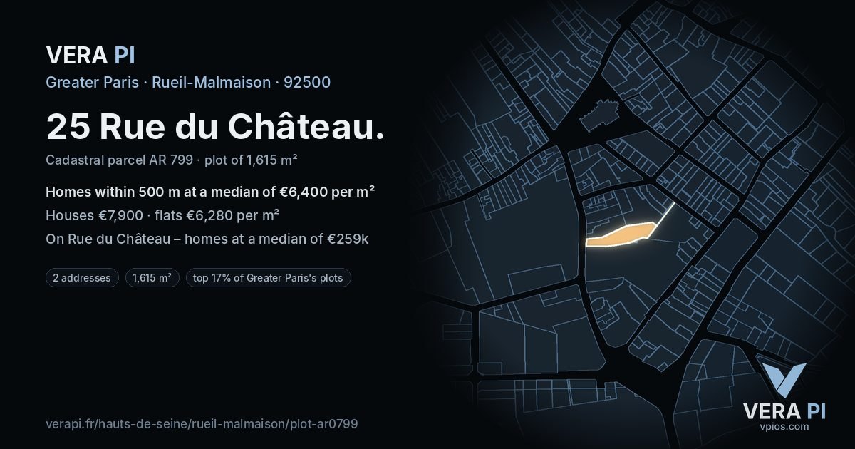 25 Rue du Château, Rueil-Malmaison at night – the plot lit, the parcels around coloured by the prices near them