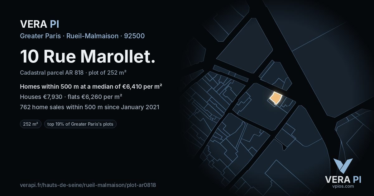 10 Rue Marollet, Rueil-Malmaison at night – the plot lit, the parcels around coloured by the prices near them