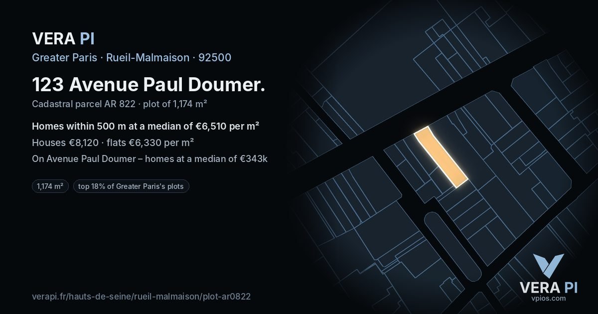 123 Avenue Paul Doumer, Rueil-Malmaison at night – the plot lit, the parcels around coloured by the prices near them