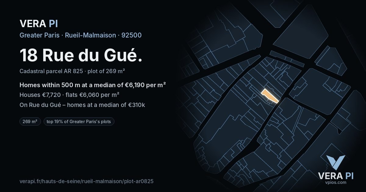 18 Rue du Gué, Rueil-Malmaison at night – the plot lit, the parcels around coloured by the prices near them