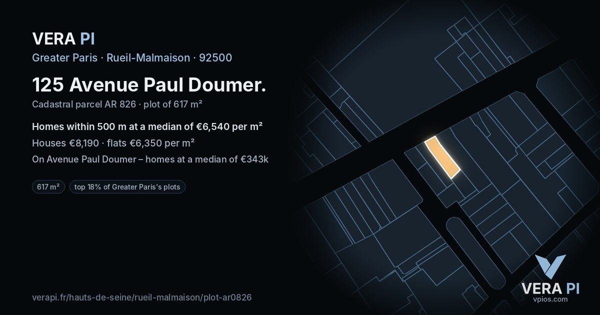 125 Avenue Paul Doumer, Rueil-Malmaison at night – the plot lit, the parcels around coloured by the prices near them